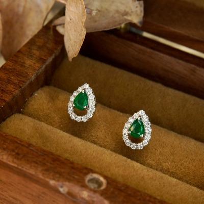 China CLASSIC Xinfly 0.2ct Diamond  18k Real Gold Water Drop 0.3ct Emerald Stud Earrings For Women for sale