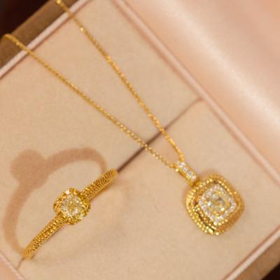 China TRENDY Xinfly 18k Real Gold Jewelry Ice Out Square Yellow Diamond Charm Pendant Necklace And Ring Set for sale