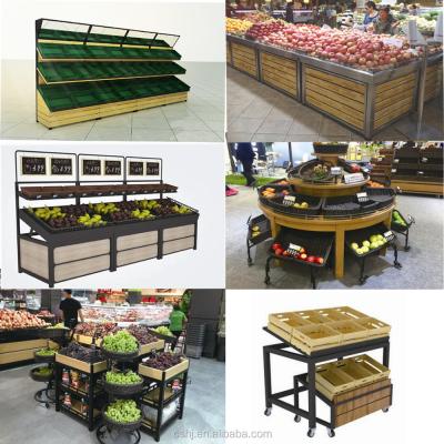 China Single-sided supermarket fruit and vegetable wooden metal display stand for sale