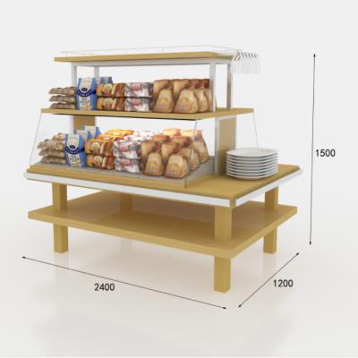 China Dessert shop 2021 new design bakery furniture wooden bread display stand / bread display cabinet for sale