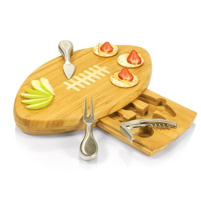 China Stocked Picnic Time Snack And Fruit Quarterback Football Bamboo Cheese Serving Board Set 3 Stainless Steel Knife for sale