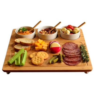 China Viable Personalized Bamboo Picnic Serving Platter or Kitchen Charcuterie Cheese Board with 3 Ceramic Bowls for sale