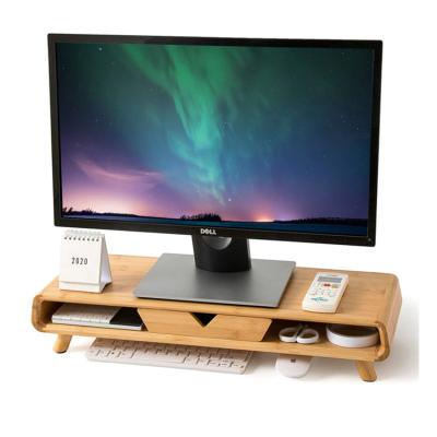 China Multi-Functional Ergonomic Height Home Desktop Monitor Stand Wood Desk Organizer Bamboo Monitor Stand Riser With Drawer for sale