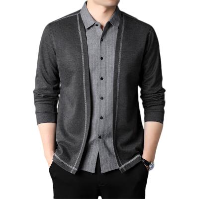 China Wholesale Anti-pilling Gray Long Sleeve Men Shirts Single Breasted Shirt Panel Cardigan Vertical Stripe Stain Shirt Dress for sale