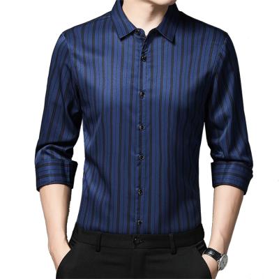 China Anti-Pilling Men's Casual Striped Shirt Factory Custom Button Up Work Shirts Gray Blue Black For Turn-Down Red Collar for sale