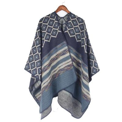 China Fashion Knitted Poncho For Women Autumn Winter Striped Imitated Cashmere Poncho Scarves And Shawls for sale