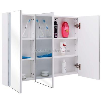 China Durable / Eco-Friendly / Easy Assemble 90cm Glass 3 Mounted Door Hung Recessed Wide Modern Designer Bathroom Mirror Cabinet Wall Storage Furniture With White Edge for sale