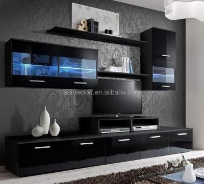 China Adjustable modern melamine wooden stand (other) TV set with glossy front and LED light for sale