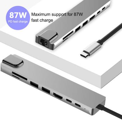 China Usb 3.0 Type-C Adapter 8 In 1 USB 3.0 Hub For Laptop Adapter PC Computer PD Charging 8 Ports Dock Type-C Splitter RJ45 HD-MI TF/SD station card book for sale