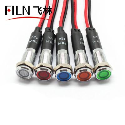 China FILN 8mm metal panel flat dash 12v 24v 220v metal main warning light with wire warning light signal lamp for sale