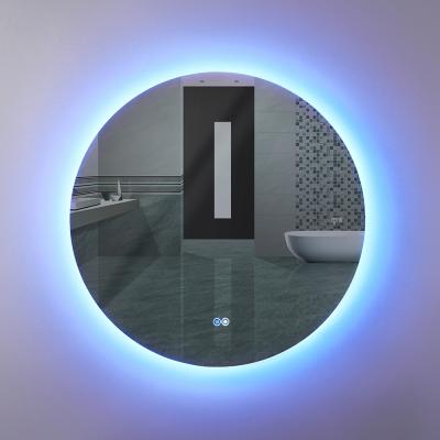 China 2021 Bright Bathroom Wall Blue Led Light Round Classic Make Up Smart Bath Vanity Mirror for sale