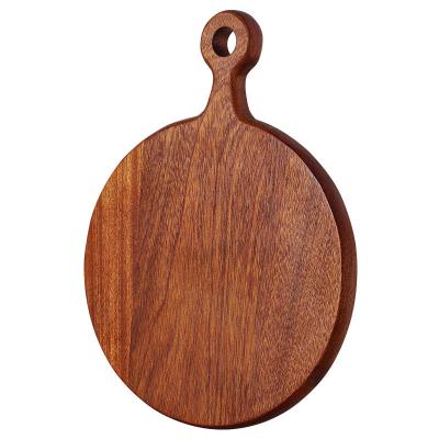 China Sustainable Kitchen Household Pizza Cutting Board Round Fruit Tray Wooden Pizza Board With Handle for sale