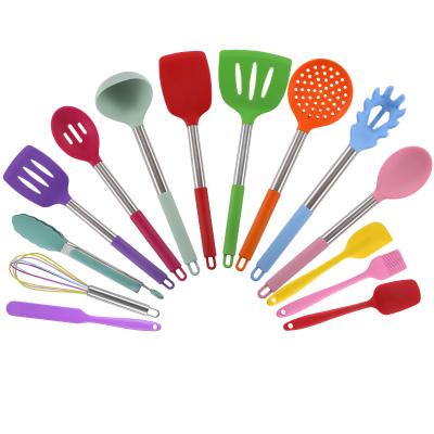 China Custom 14 Pcs Sustainable Silicone Manufacturer Stainless Handle Colorful Cooking Steel Cooking Utensil Set for sale