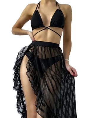 China ZY5759 Private Label Ladies Fashion Tassel Black Anti-UV Mesh Long Skirts Thong 3 Pieces Set Swimwear 2022 for sale