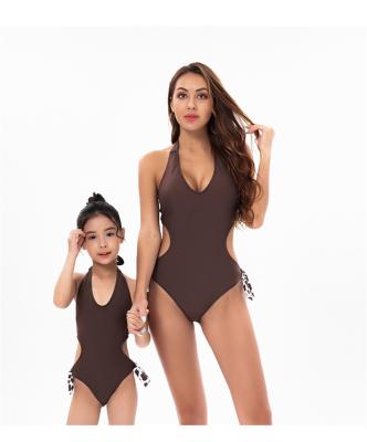 China ZY5716 Private Label Halter Brown QUICK DRY Swimsuit For Kids Family Matching Swimwear for sale