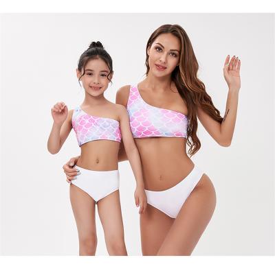 China Private Label ZY5707 QUICK DRY One Matching Mommy and Me Family Two Piece Off Shoulder Swimsuit for sale