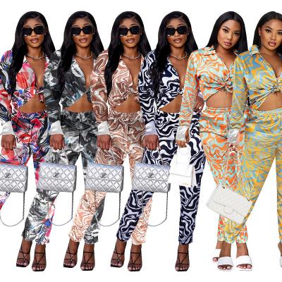 China QUICK DRY Hot Sale Ladies Wave Print 2 Piece Long Sleeve Set Women Shirt Casual Pants Sets Women Shirt 2 Piece Set for sale