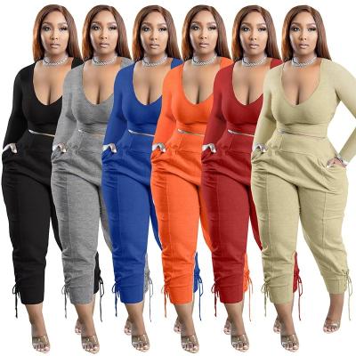 China 2022 QUICK DRY fashion v-neck sexy oversized women's solid color sets casual two-piece pants sets women 2 pieces set for sale