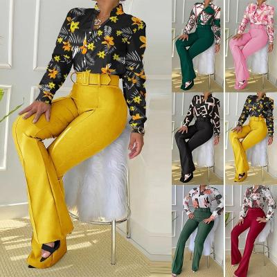 China 2022 hot sale breathable hot sale ladies leisure suit printed stand collar long sleeved pants beauty shirt wide leg two-piece set for sale