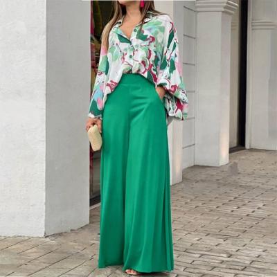 China 2022 summer breathable large size loose casual blouse print blouse and wide leg pants two pieces for sale