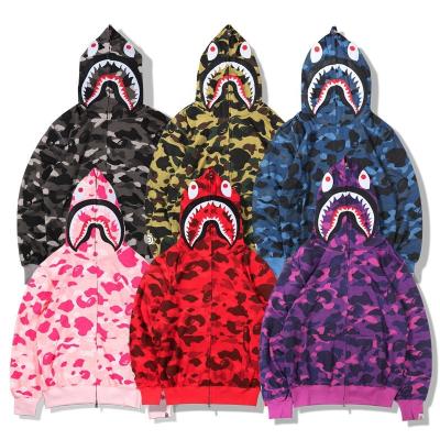 China 2022 Breathable Bape Color Block Polyester Shark Hoodie Full Zip Hoodie Men Shark Hoodie for sale