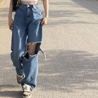 China New Style Big Hole Jeans Waist Breathable High Tube Female Loose Straight Leisure Wide Leg Beggar Pants for sale