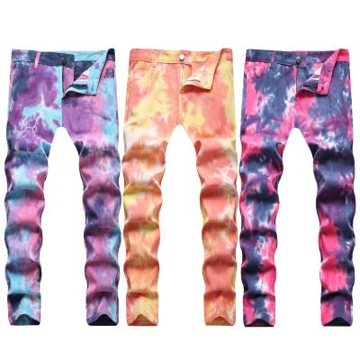 China Breathable Factory Distressed Ripped Tie Dye Mens Fashion Custom Skinny Jeans Stacked Pants Mens Jeans for sale