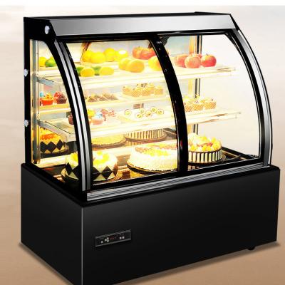 China Double-temperature Cake Showcase Transparent Curved Glass Refrigerator Bakery Stand Up Display Fridge for sale