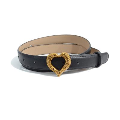 China Fashion.Casual gold hammered heart buckle belts for formal women in black genuine leather belt for sale