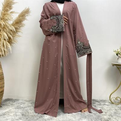 China Breathable Middle Eastern Muslim Long sleeved Embroidered Beaded Robe Women Arabic Long Cardigan Large Size Islamic Long Cardigan Dress for sale