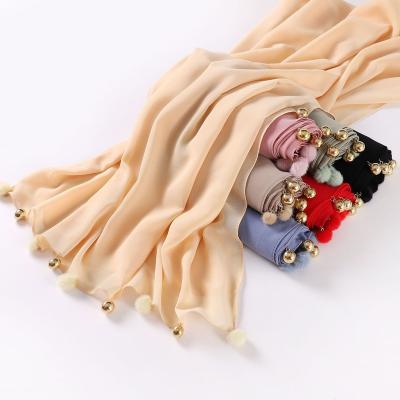 China Multifunction Fashion Middle East Muslim Hijabs Shawl Scarf Women Pearl Chiffon Hairball Scarf Ethnic Headscarf Cover Hijab Scarf for sale