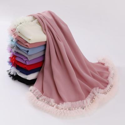 China Multifunction Wholesale Middle East Muslim Hijabs Shawl Scarf Women Pearl Chiffon Pleated Scarf Ethnic Headscarf Cover Hijab Scarf for sale