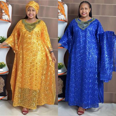 China Muslim Women Daily Clothing African Women Embroidered Lace Loose Bat Sleeves Dress Robe Tank Top Three piece Set Dress With Hijab for sale