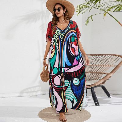 China Muslim Women Daily Clothing Fashion Ethnic Women Printed Beach Cover Up Dress Summer Sun Protection Maxi Long Dress for sale