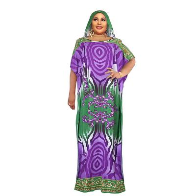 China Muslim Women Daily Clothing African Oversized Women's Clothing Muslim Robe Contrast Printed Chiffon Dress With Headscarf for sale