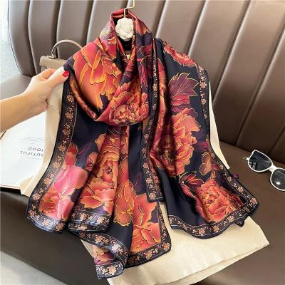 China Multifunction New Fashion Women Scarf Shawl New Silk Satin Flower Printing Design Lady Shawl Hijab for sale