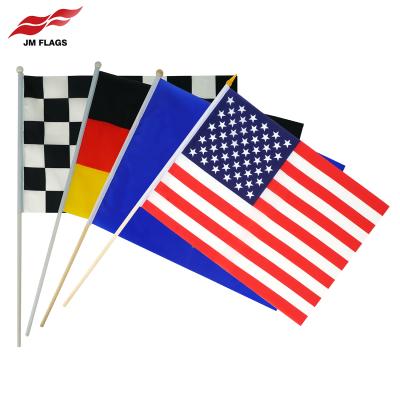 China Custom Durable 100% Polyester Wooden Stick Flag Banner 17.7*11.8 Polyester Events Hand Decoration National Stick Flags for sale