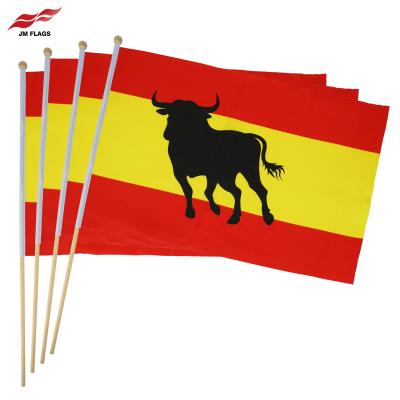 China 12*18 Inch Spanish Bull Hand Flag Nonprofit Organizations Osborne Bull Stick Flag Custom Spanish Wooden Polyester Banner for sale