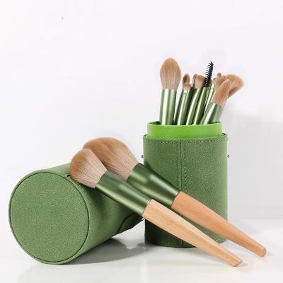 China High Quality Green Face Makeup Brushes Logo Make Up Brush Set Custom Made 14pcs With Beech Wood Handle for sale