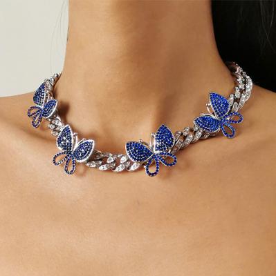 China Hiphop Fashion JJ113 Big Diamond Silver Plated Chain Butterfly Cuban Necklace For Women for sale