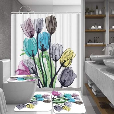 China Heat Transfer Printed Bathroom Sets With Shower Curtain And Covers 4 Pieces Waterproof Toilet Bath Mat Bath Carpets for sale