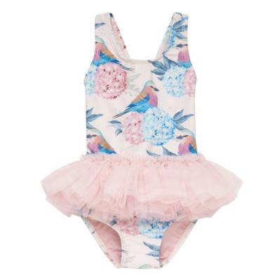 China Lovely sweet and lovely jumpsuit pink print splicing two lace swimsuit vest triangle shorts jumpsuit baby swimsuit for sale