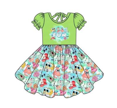 China Anti-wrinkle boutique summer hot milk silk girls dress custom made beautiful short sleeve dress cartoon printed girls clothing for sale