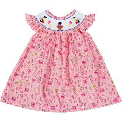 China Little Toddler Girls Washable Elastic Embroidery Back To School Owl Bee Pencils Hand Smocked Bishop Dress for sale