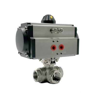 China General Air Actuated Pneumatic Stainless Three Way Ball Valves T or L Type FNPT Threaded Valve Seat PTFE for sale