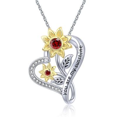 China BOHEMIA 925 Sterling Silver Double Gold Plated Sunflower Red Crystal Pendant Necklace For Women for sale