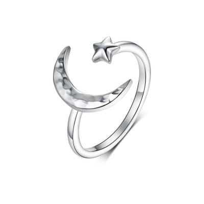 China BOHEMIA Adjustable Star Ring 925 Sterling Silver Crescent Moon Star Ring Handmade Texture Moon And for sale