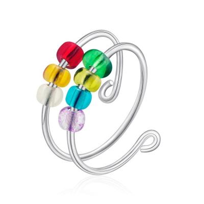 China CLASSIC Colorful Glass Bead Anxiety Ring 925 Sterling Silver Fidget Rings For Anti Anxiety For Women for sale