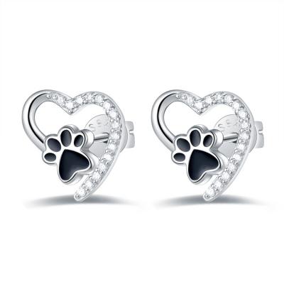 China Cute CZ 925 Sterling Silver Heart With Enamel Dog Paw Print Stud Earrings For Women for sale