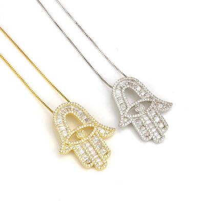 China High Quality Vintage 14k Gold Plated Brass Zirconia Hamsa Hand Necklace Jewelry for sale